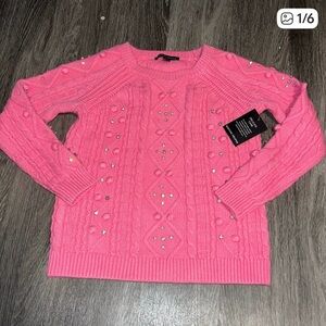 Boston Proper Pink Cable Knit Sweater with rhinestone detail